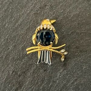 Kenneth Jay Lane (KJL) Elegant Crystal Blue Bird Brooch with Gold Tone Setting